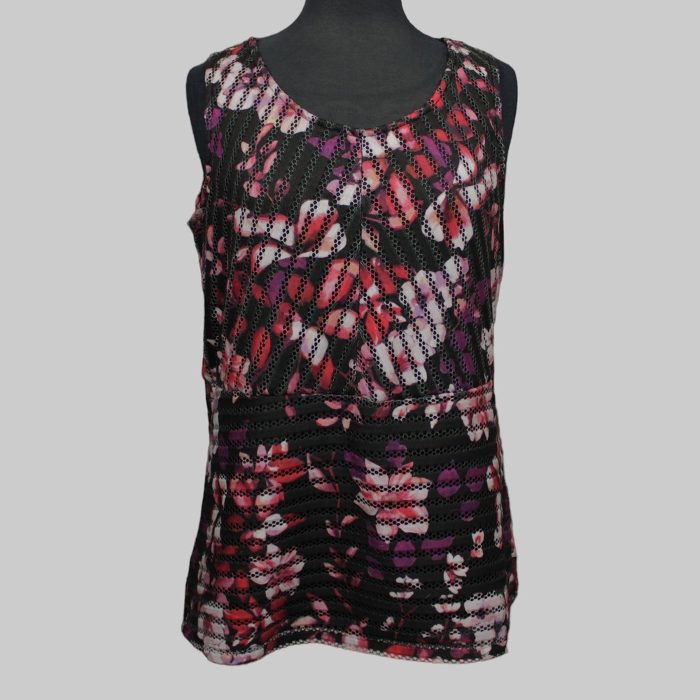 Ricki's L Pink Black Abstract Floral Mesh Lined Sleeveless Scoop Neck Blouse Top